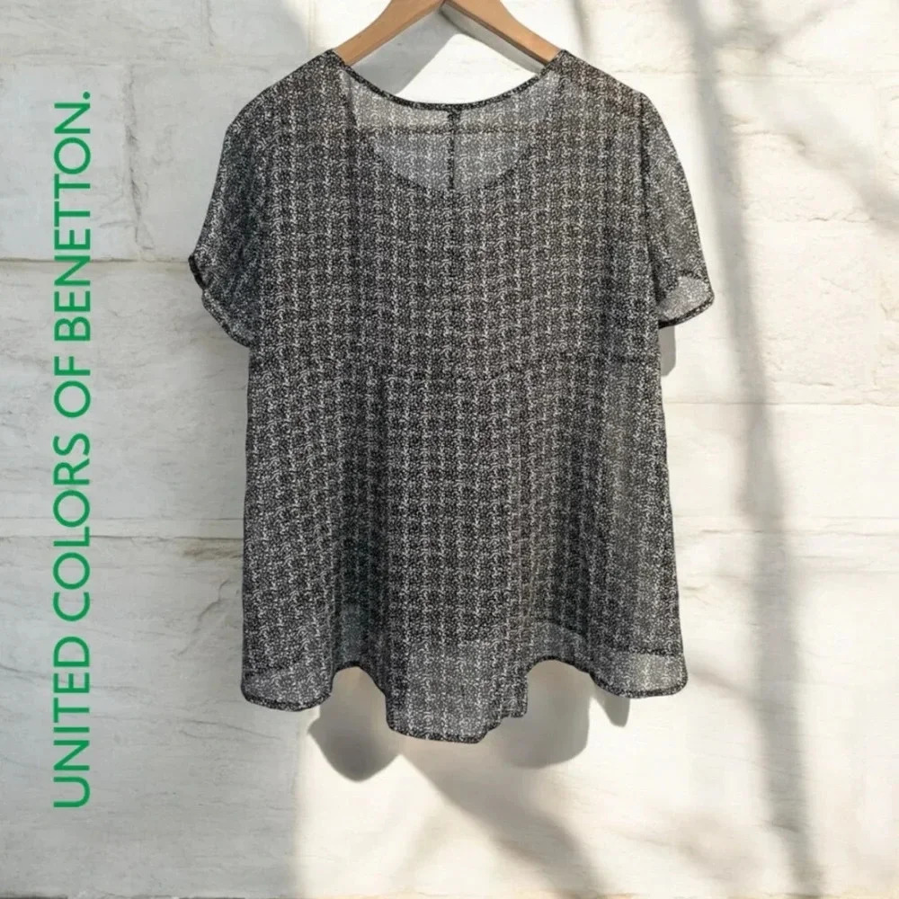 COPY - United Colors of Benetton Sheer Black & White Short Sleeved Blouse Top, …